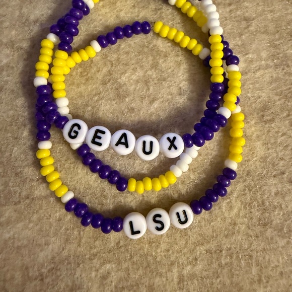 Handmade LSU Inspired Purple, Yellow, and White Beaded Bracelet Stack 7" - Picture 2 of 4